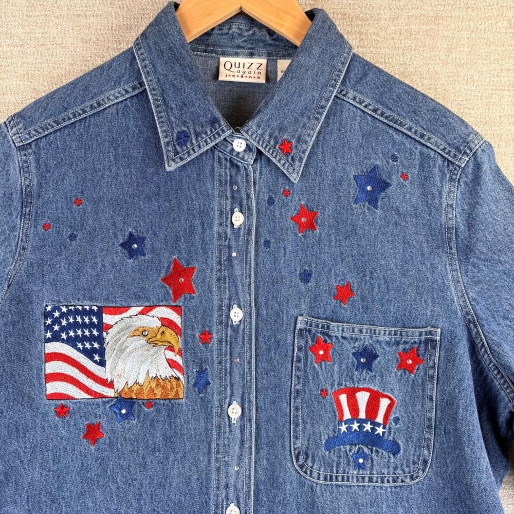 Vintage Women Patriotic Embroidered Denim Shirt L Eagle Flag Stars Americana USA